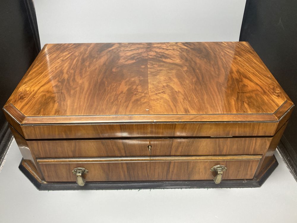 A cased Elkington plated canteen of Rochester-pattern cutlery, near complete, and similar oak cased set of twelve fish knives and forks